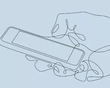 Line art depicting a hand holding a cell phone.