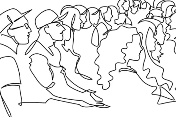 Line art depicting a conference of people listening to a speaker.