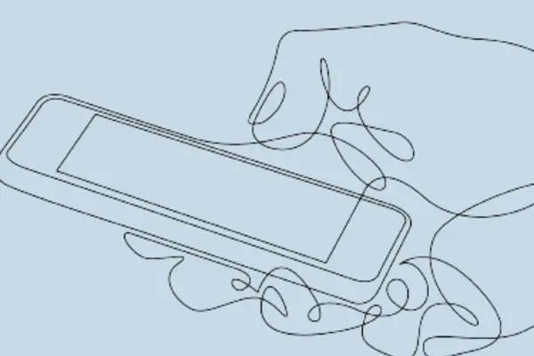 Line art depicting a hand holding a cell phone.